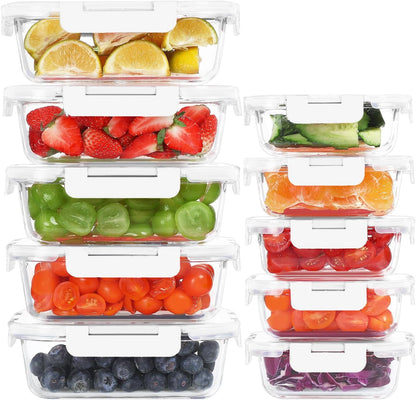 KOMUEE 10 Pack Glass Food Storage Containers, Meal Prep Containers with Lids, Airtight Glass Lunch Boxes, Freezer, Oven, and Microwave Safe, Pink