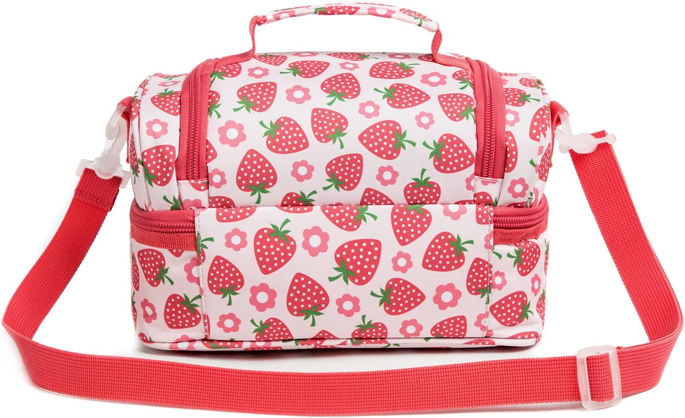 Insulated Kids Dual Compartment Lunch Bags Tote Pack for Girls Boys Toddler Kindergarten School Picnic Cooler Thermal Lunch Boxes with Strap (Green Rainbow)