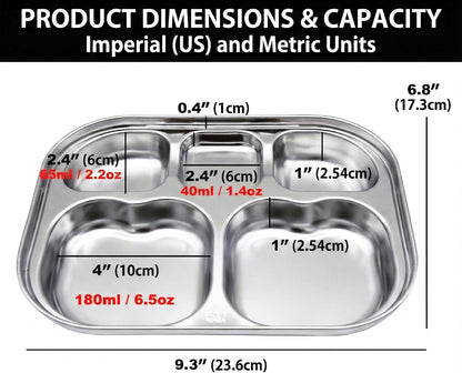 Korean Stainless Steel Divided Plates for Adults, Teens, Premium 304, Electro-Polished, No Black Residue, BPA-Free, Large 5-Compartment Food Tray, Diet Portion Control, Camping, Set of 2