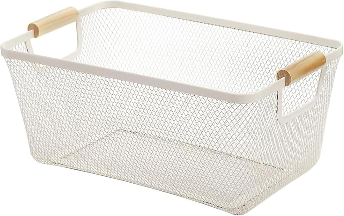 AJIODA Metal Mesh Steel Basket, Large Wire Storage Organizer Basket Multi-function Hanging Kitchen Baskets with Wood Handle for Kitchen Bathroom Picnic Home, Rectangle-Black