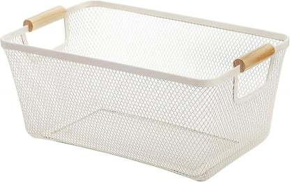 AJIODA Metal Mesh Steel Basket, Large Wire Storage Organizer Basket Multi-function Hanging Kitchen Baskets with Wood Handle for Kitchen Bathroom Picnic Home, Rectangle-Off White