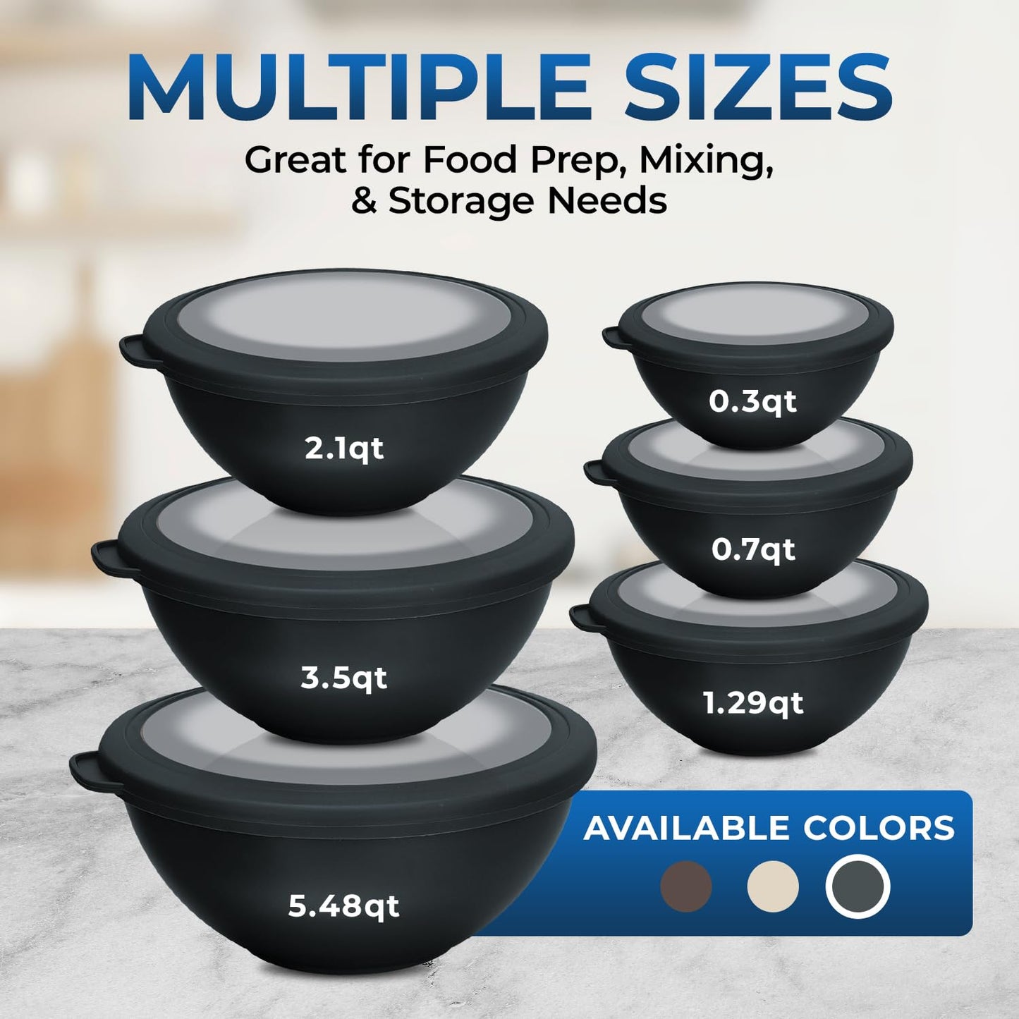 Bakken Master 12 Piece Plastic Nesting Bowls with Lids - Mixing Bowls Set includes 6 Prep Bowls and 6 Lids, BPA-Free, Reusable Meal Prep Containers, Microwave, Freezer & Dishwasher Safe, White Cream