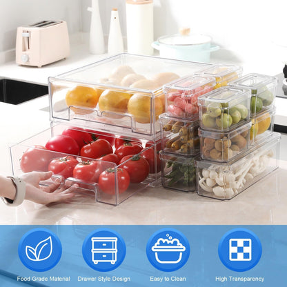 Pomeat 10 Pack Fridge Organizers and Storage Drawers Stackable Refrigerator Organizer Bins Pull out Drawer Clear Fridge Organizer Bins with Lids Fruit and Vegetable Storage Refrigerator Organization