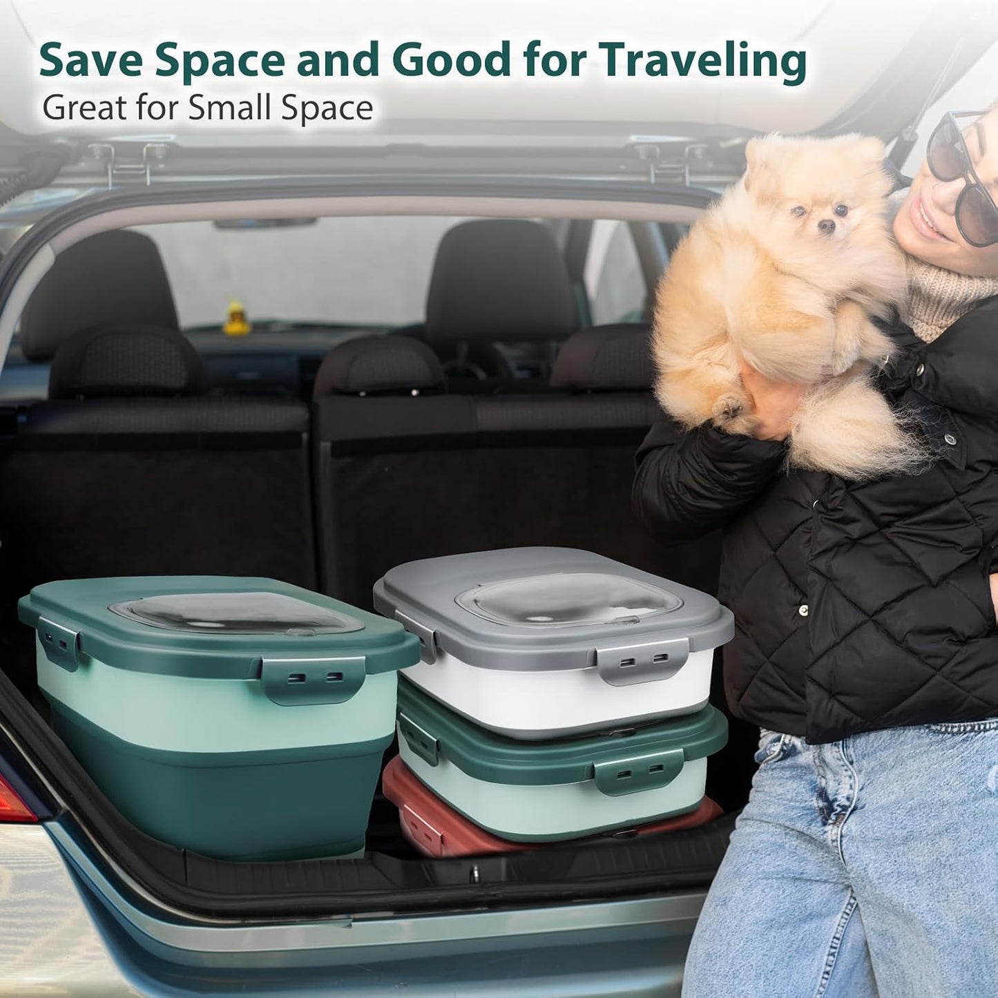 Viretec Dog Food Storage Container, 10-20Lbs Collapsible Pet Food Storage Containers with Rolling Wheel Airtight Locking Lid, Dry Food Storage Bin with Cup and Scoop,Suitable for Pet Food, Rice, Flour