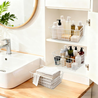 White Wire Storage Baskets,11.1"x8.7"x4.7"Wire Freezer Storage Organizer Bins Farmhouse Metal Freezer Basket with Handles for Cabinets, Pantry, Closets, Bedrooms,White,4 Pack