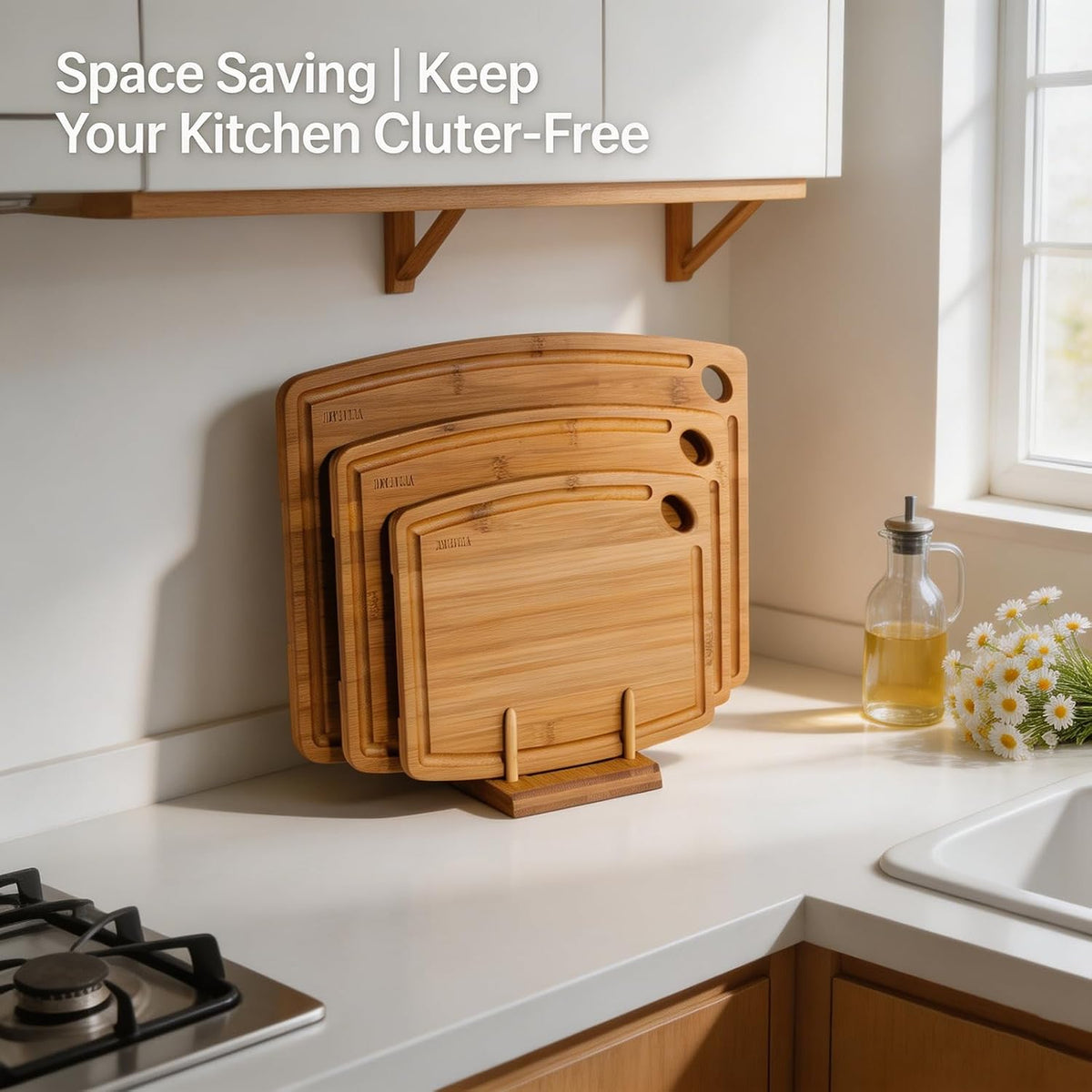 3 Piece Bamboo Cutting Board Set for Kitchen with Storage Stand, 15.4" Deep Carbonized Wood Cutting Board for Charcuterie, Serving Tray with Juice Grooves & Handles, Great Kitchen Gift
