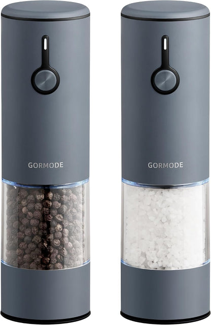 Stainless Steel Rechargeable Electric Salt and Pepper Grinder Set – USB Charging, One-Hand Electric Mill, Adjustable Coarseness, LED Light & Dust Cover –2pack(Greige & Buttercream)