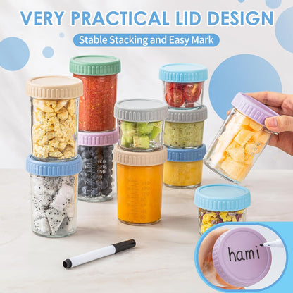 DRKIO 6 Pack Glass Baby Food Storage Containers - 4 Oz Baby Food Jars with Lids Baby Food Maker Microwave Dishwasher Freezer Safe 100% Leak Proof BPA Free Reusable