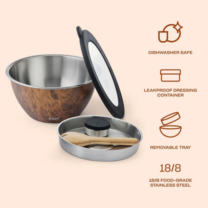 S'well Stainless Steel Salad Bowl Kit 64oz, Peacock Blue, Comes with 2oz Mini Canister and Removable Tray for Organization, Leakproof, Easy to Clean, Dishwasher Safe