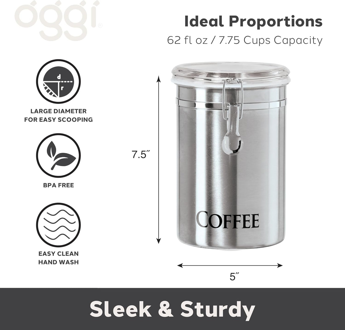 Oggi Stainless Steel Sugar Canister 62 fl oz - Airtight Clamp Lid, Clear See-Thru Top - Ideal Sugar Container for Countertop, Sugar Jar, Bulk Sugar Storage. Large Size 5" x 7.5".