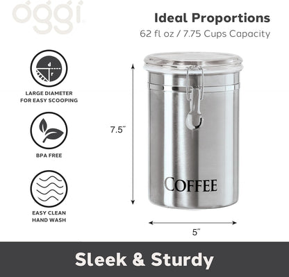 Oggi Stainless Steel Sugar Canister 62 fl oz - Airtight Clamp Lid, Clear See-Thru Top - Ideal Sugar Container for Countertop, Sugar Jar, Bulk Sugar Storage. Large Size 5" x 7.5".