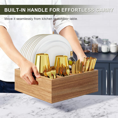 Acacia Wood Utensil Holder for Party, Paper Plate and Utensil Holder Caddy for Countertop, Kitchen Silverware Organizer Dispenser for Spoon, Napkin, Cup, Cutlery Holders for Outdoor, Camping, Picnic