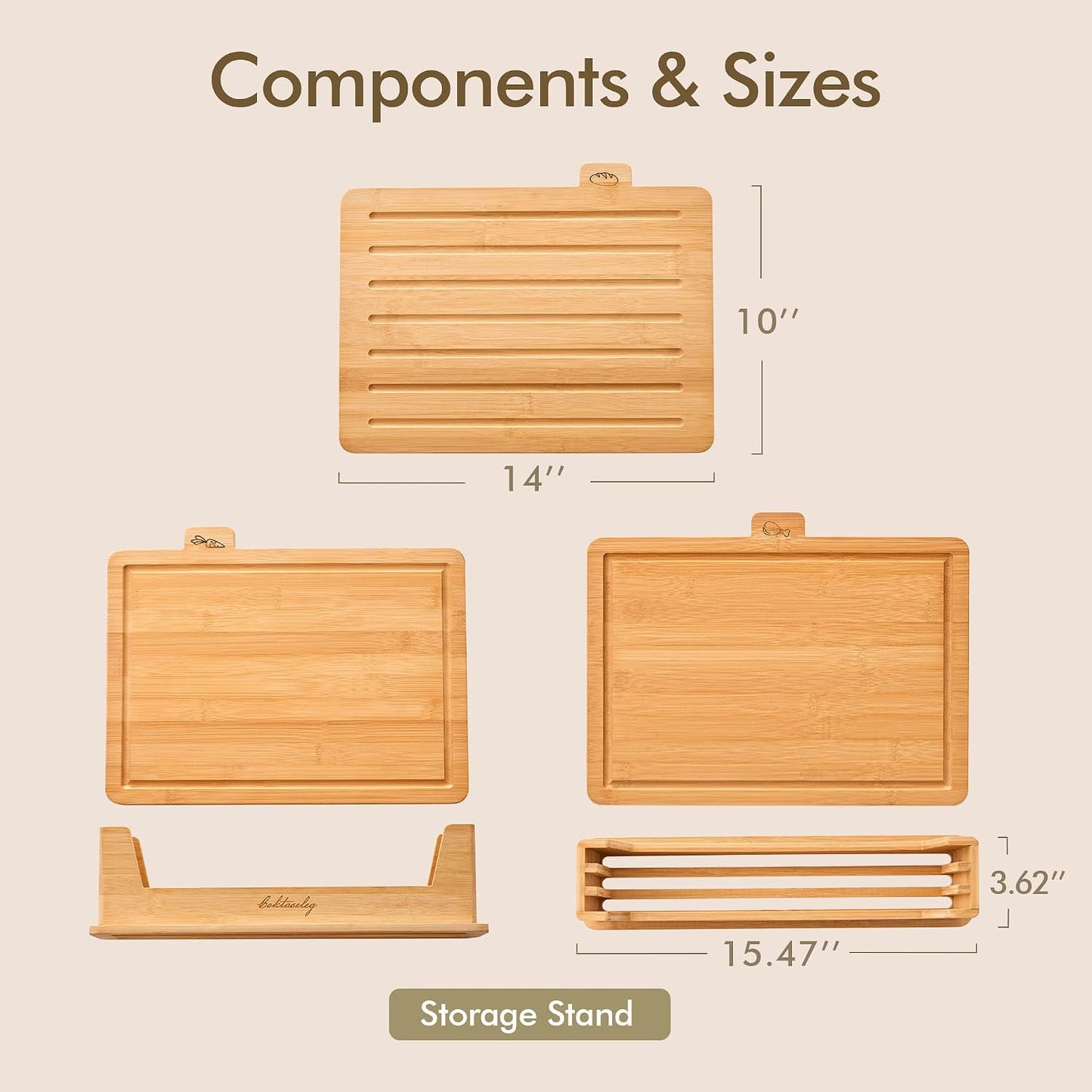 Bamboo Cutting Boards for Kitchen Set of 3, Large 14’’ x 10’’ with Holder, Wooden Cutting Board with Juice Groove & Labels for Meat Vegetables Bread | Coktaseleg
