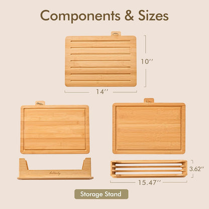 Bamboo Cutting Boards for Kitchen Set of 3, Large 14’’ x 10’’ with Holder, Wooden Cutting Board with Juice Groove & Labels for Meat Vegetables Bread | Coktaseleg