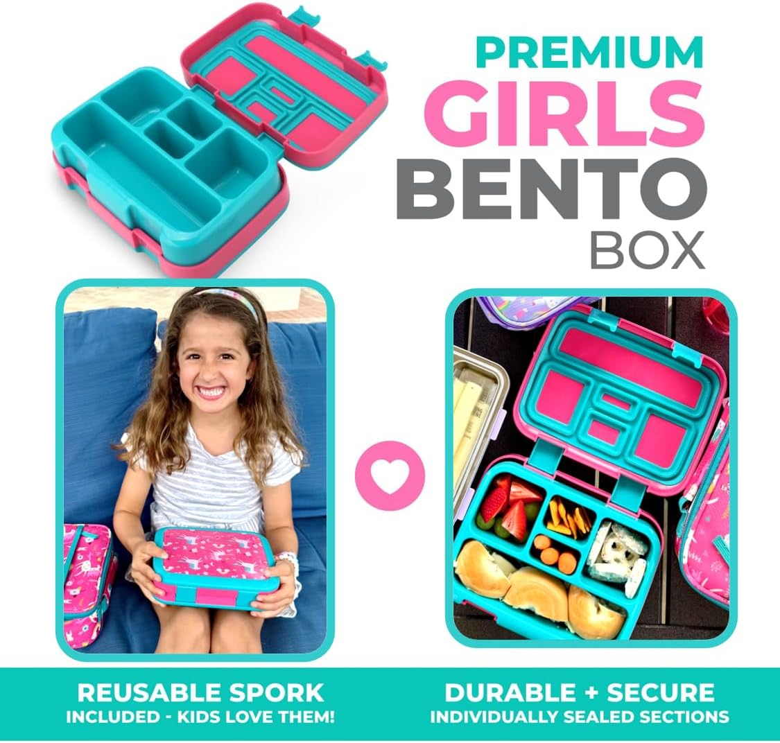 Kinsho Bento Lunch Box for Kids Toddlers, 5 Portion Control Sections, BPA Free Removable Plastic Tray, Pre-School Kid Toddler Daycare Lunches, Snack Container Ages 3 to 7 (Blue Space Rockets)