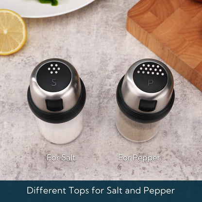 KTCHENDAO 2 in 1 Glass Salt and Pepper Shaker with Side Pour Spout, Built-in Lid for Moisture-proof, Elegant Borosilicate Glass Salt Pepper Dispenser set for Kitchen, BPA Free, 4oz (White)