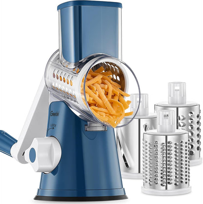 Geedel Rotary Cheese Grater, Kitchen Mandoline Vegetable Slicer with 3 Interchangeable Blades, Easy to Clean Rotary Grater Slicer for Cheese, Vegetables, Nuts