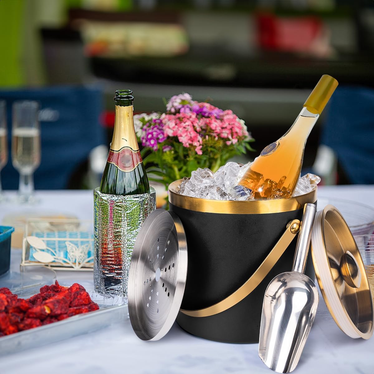 3L Double-Wall Insulated Stainless Steel Ice Bucket with scoop for Cocktail Bar - Metal Ice Bucket for freezer with Lid for parties,Camping,and More!champagne bucket,bar cart accessories