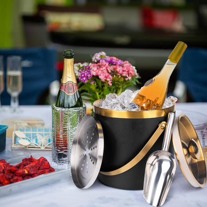 3L Double-Wall Insulated Stainless Steel Ice Bucket with scoop for Cocktail Bar - Metal Ice Bucket for freezer with Lid for parties,Camping,and More!champagne bucket,bar cart accessories