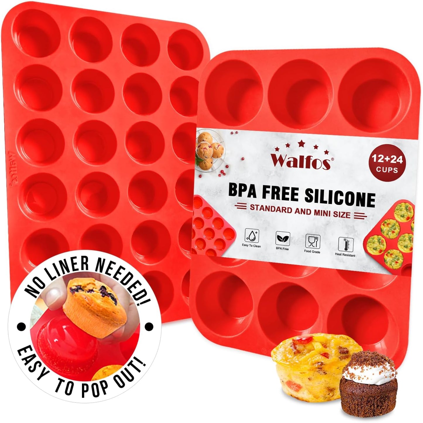 Walfos Silicone Muffin Pan - 12 Cups Regular Silicone Cupcake Pan, Non-stick Great for Making Muffin Cakes, Tart, Bread - BPA Free and Dishwasher Safe