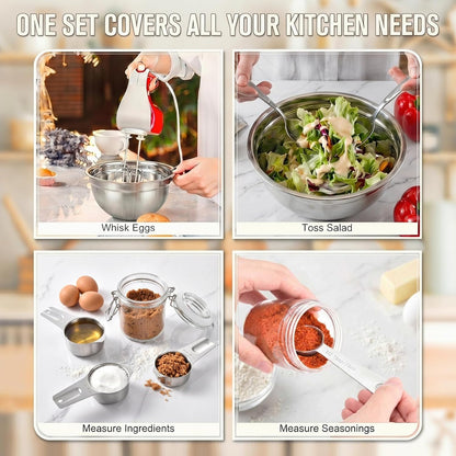 31PCS Mixing Bowls with Lids Set, 5.5QT to 0.6QT Stainless Steel Nesting Bowls with Graters, Large Khaki Bowls & 21 Measuring Cups and Spoons Set Kitchen Appliances for Mixing, Baking, Food Storage