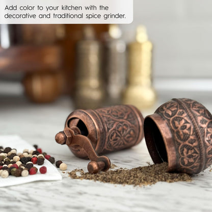 Handmade Decorative Black Pepper Grinder, Zamak Conical Burr, Refillable Turkish Spice Mill Manual Pepper Mill with Handle, Spice Grinder Metal with Hand Crank 11 cm-4.3 inch