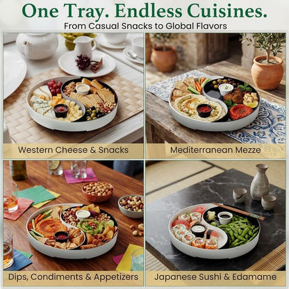 Chip and Dip Serving Tray – Yin Yang Divided Snack & Appetizer Platter with Built-In Dip Bowls, 14” Large Round Hosting Plate for Charcuterie, Fruit, Veggies & Party Snacks