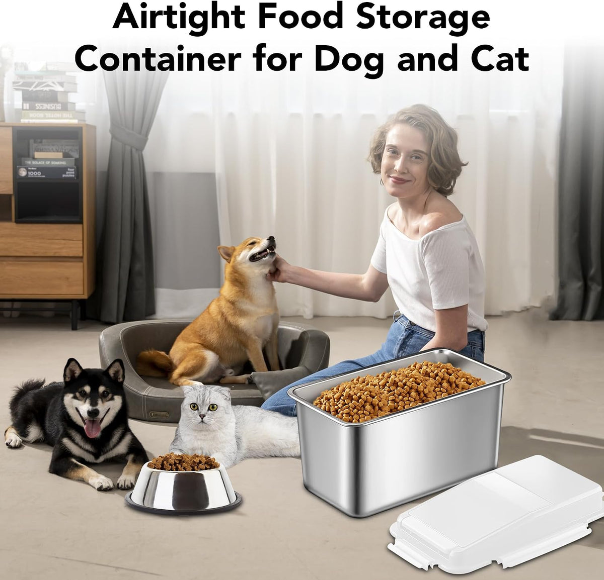 Newget Dog Food Storage Container Stainless Steel with Scoop, 16-lb/11-lb Airtight Metal Pet Food Storage Bin, Cat Food Container for Dry Dog, Cat Food, Bird Seed, Keep Food Fresh, Brown