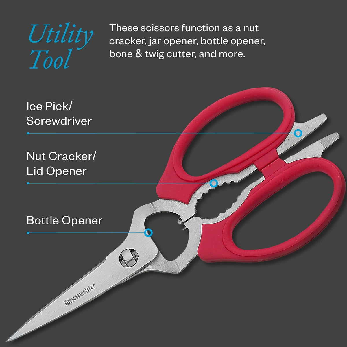Messermeister 8-Inch Take-Apart Kitchen Scissors, Red - Includes Screwdriver, Nut Cracker, Jar Lid Opener/Gripper, Bottle Opener & Bone + Twig Cutter - Suitable for Lefties & Righties