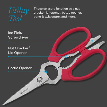 Messermeister 8-Inch Take-Apart Kitchen Scissors, Red - Includes Screwdriver, Nut Cracker, Jar Lid Opener/Gripper, Bottle Opener & Bone + Twig Cutter - Suitable for Lefties & Righties