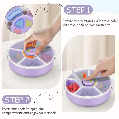 JOOPETALK Kids Reusable Rotating Snack Container with 5 Separate Compartments, Color Matching Opening Lid, BPA/PVC-Free, Dishwasher Safe, Perfect for Travel, School Lunches & On-the-Go Snacking-Purple