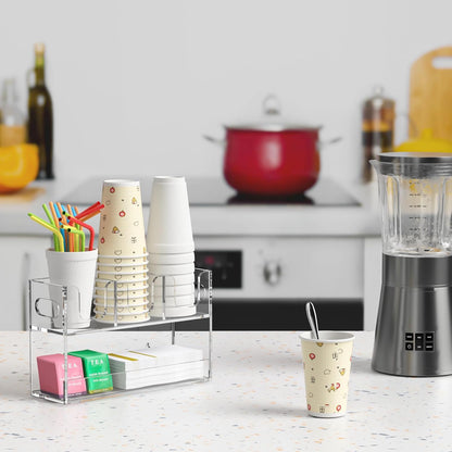 Disposable Coffee Cup Dispenser with Handles, 2-Tier 4 Compartments Clear Acrylic Paper Cup and Lid Storage Organizer for Coffee Bar Kitchen Accessories Restaurant Breakroom Party Supplies