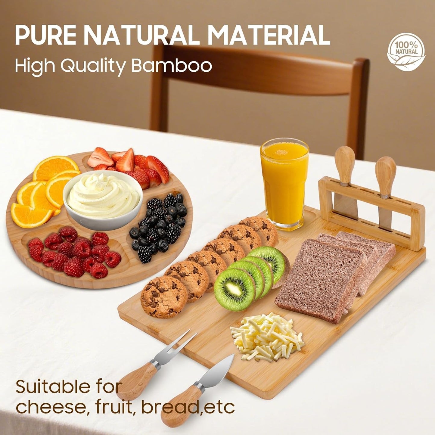 TURIMON Bamboo Charcuterie Board Set - Cheese Serving Platter with 4 Stainless Steel Knives and Fruit Tray - Elegant Cheese Board for Parties, Weddings, and Home Entertaining