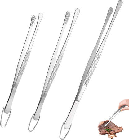 U-Taste 8"+10"+12" Kitchen Cooking Tweezer: 18/8 Stainless Steel Food-Grade Metal Food Tong, Flexible Pinching, Seamless-Welding and Sturdy for Serving Grilling Frying, Plating, Feeding (Pointed Tip)