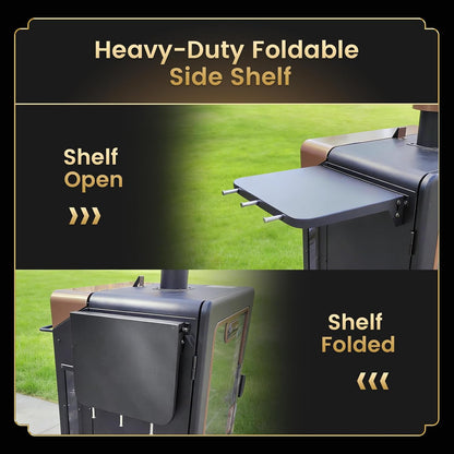 QuliMetal Folding Front Shelf for Traeger Pro 34, Texas Elite 34, Century 885 and Eastwood 34, 37" x 12" Heavy-Duty Grill Prep Table with Cutting Board, Stainless Steel Basin, Lid and 5 Hooks