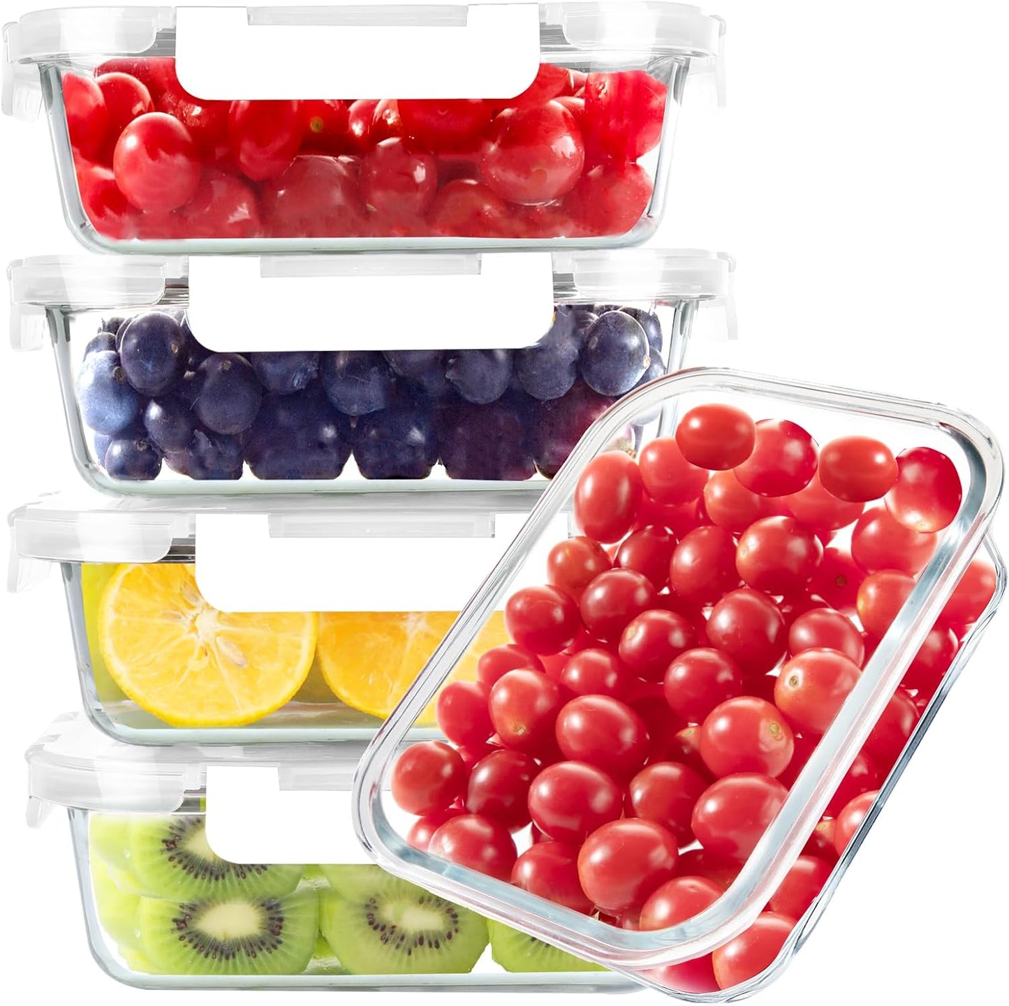 BAYZZ Glass Food Storage Containers, 5 Pack 35 Oz Glass Meal Prep Containers, Lunch Boxes with Airtight BPA-Free Lids, Microwave, Freezer and Dishwasher Safe