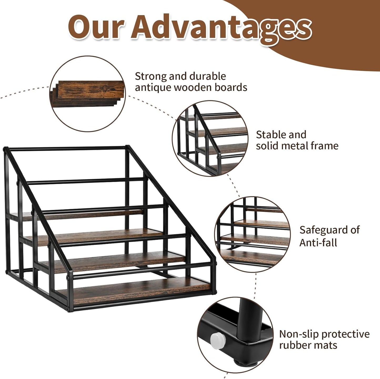 YQBRAO Coffee Syrup Rack Organizer,Liquor Bottle Display Shelf,2-Tier 4 Bottle Stand for Coffee Bar, Kitchen Station, Liquor, Wine, Dressing,Rustic Brown