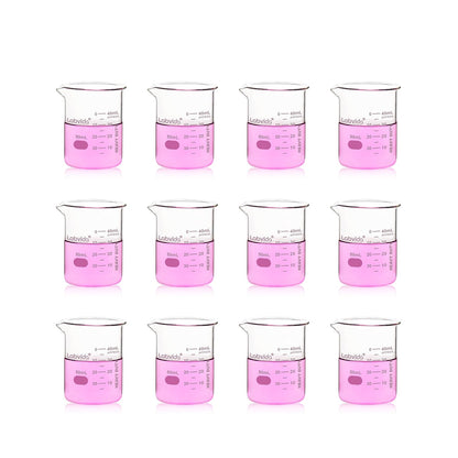 Upgrated 6 Size Low Form Glass Beaker Set, 25ml 50ml 100ml 250ml 500ml 1000ml, 3.3 Boro Glass beakers with Printed Graduation, LVA019