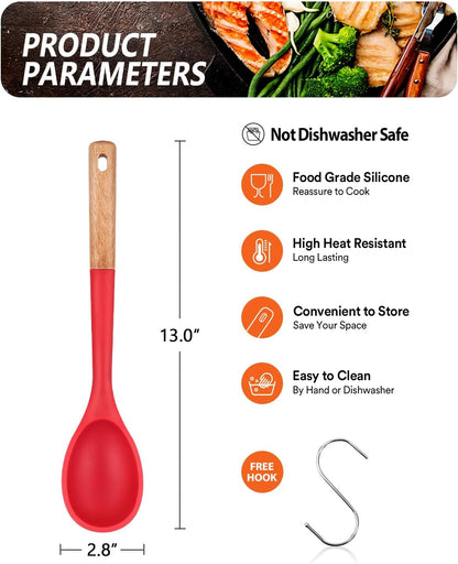 Large Silicone Cooking Spoons, Nonstick Solid Wooden Handle Spoon, Heat Resistan Silicone Kitchen Spoons for Cooking, Serving, Basting, Mixing, 13.2inch (Grey)