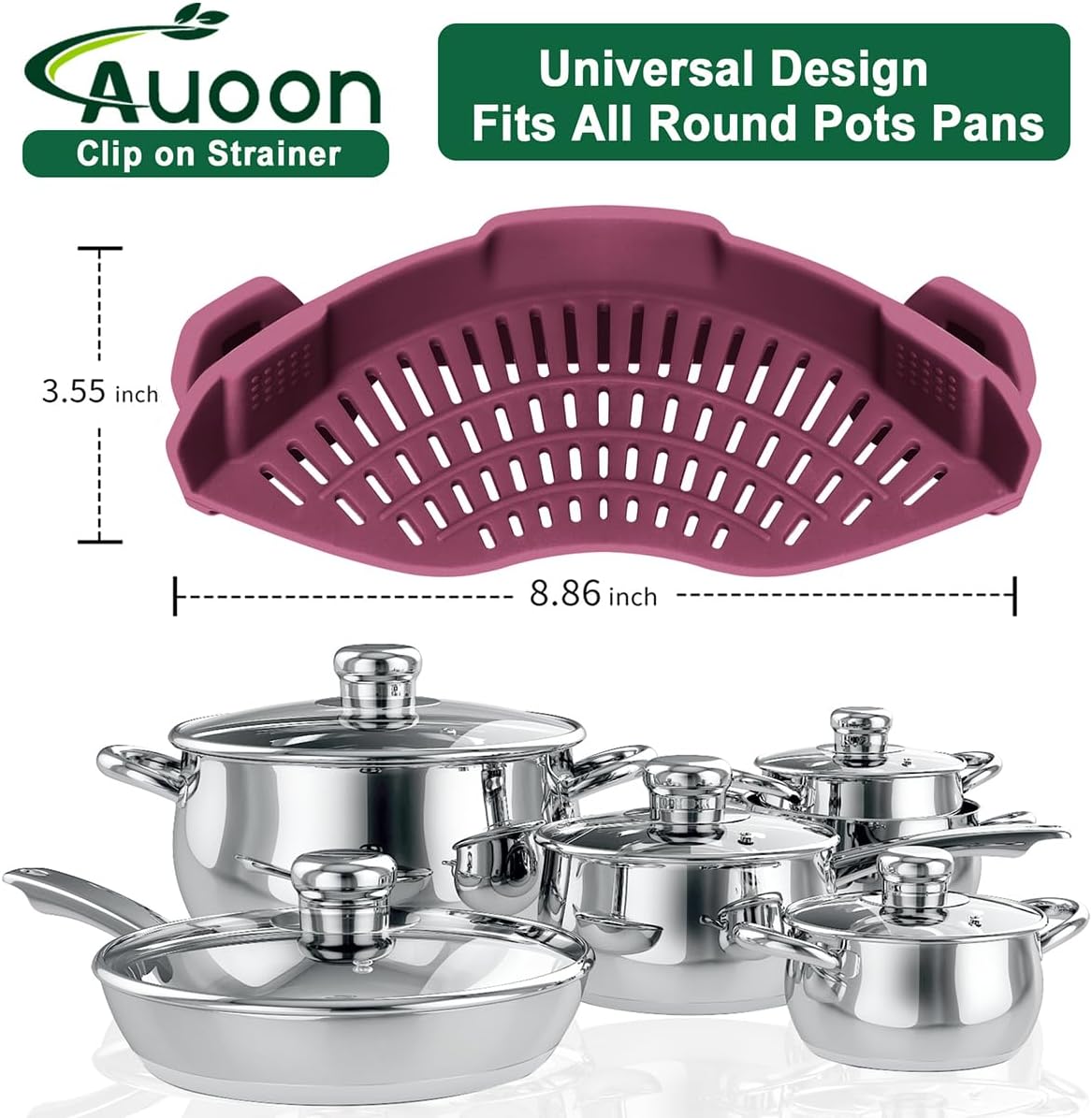 AUOON Clip On Strainer Silicone for All Pots and Pans, Pasta Strainer Clip on Food Strainer for Meat Vegetables Fruit Silicone Kitchen Colander
