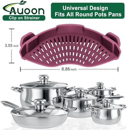 AUOON Clip On Strainer Silicone for All Pots and Pans, Pasta Strainer Clip on Food Strainer for Meat Vegetables Fruit Silicone Kitchen Colander