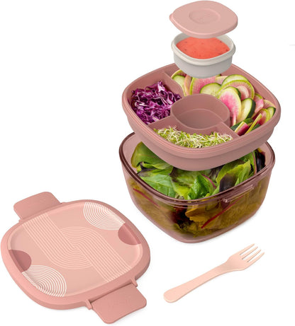 Bentgo Glass Salad Container - 7.6-Cup Salad Bowl with Airtight Lid, Leak-Proof Sauce Container, 4-Compartment Bento Tray & Reusable Fork - BPA-Free for Meal Prep, Office & More (Light Blue)