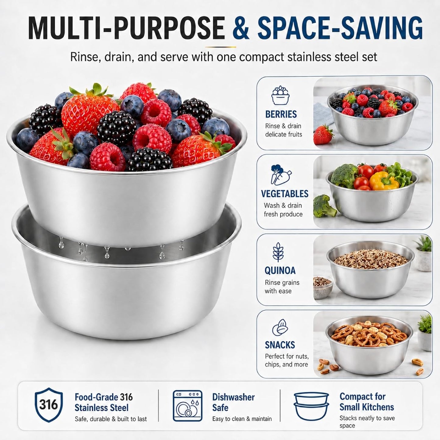 2 Set Berry Baskets,316 Stainless Steel Strainer Set,Fruit Washing Bowl with Strainer,Small Metal Colander for Berries, Strawberry, Grape, Cherry, Dishwasher Safe