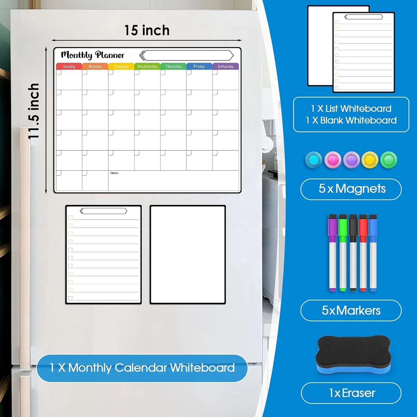 MaxGear 4 Pack Magnetic Fridge Calendar Set, 15" x 11.5" Dry Erase Whiteboard Calendar for Refrigerator, Includes Monthly, Weekly, List and Small Board with 5 Markers, 1 Eraser and 5 Magnets