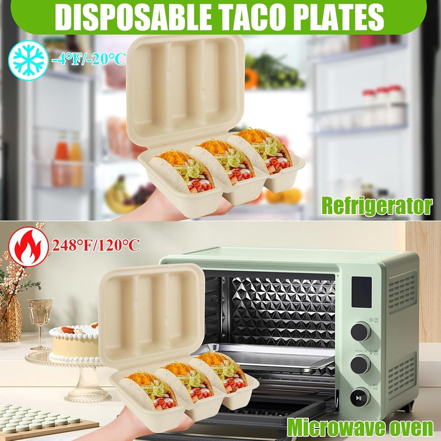 50 PCS Disposable Taco Holders with Lids Taco Plates with 3 Dividers Taco Trays Disposable To Go Taco Holders for Party Pulp Fiber To Go Taco Containers for 3 Taco Bar Serving Set for a Party