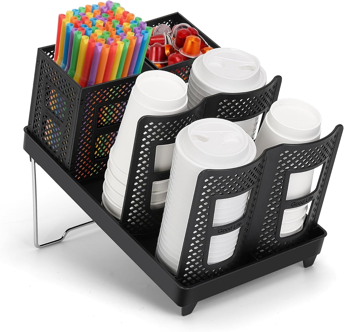 6-Compartment Cup and Lid Holder, Plastic Coffee Cup Holder with Straws Holder, 10-22oz Disposable Paper Cups Organizer for Countertop, Station, Bar,Office, Restaurant, Breakroom