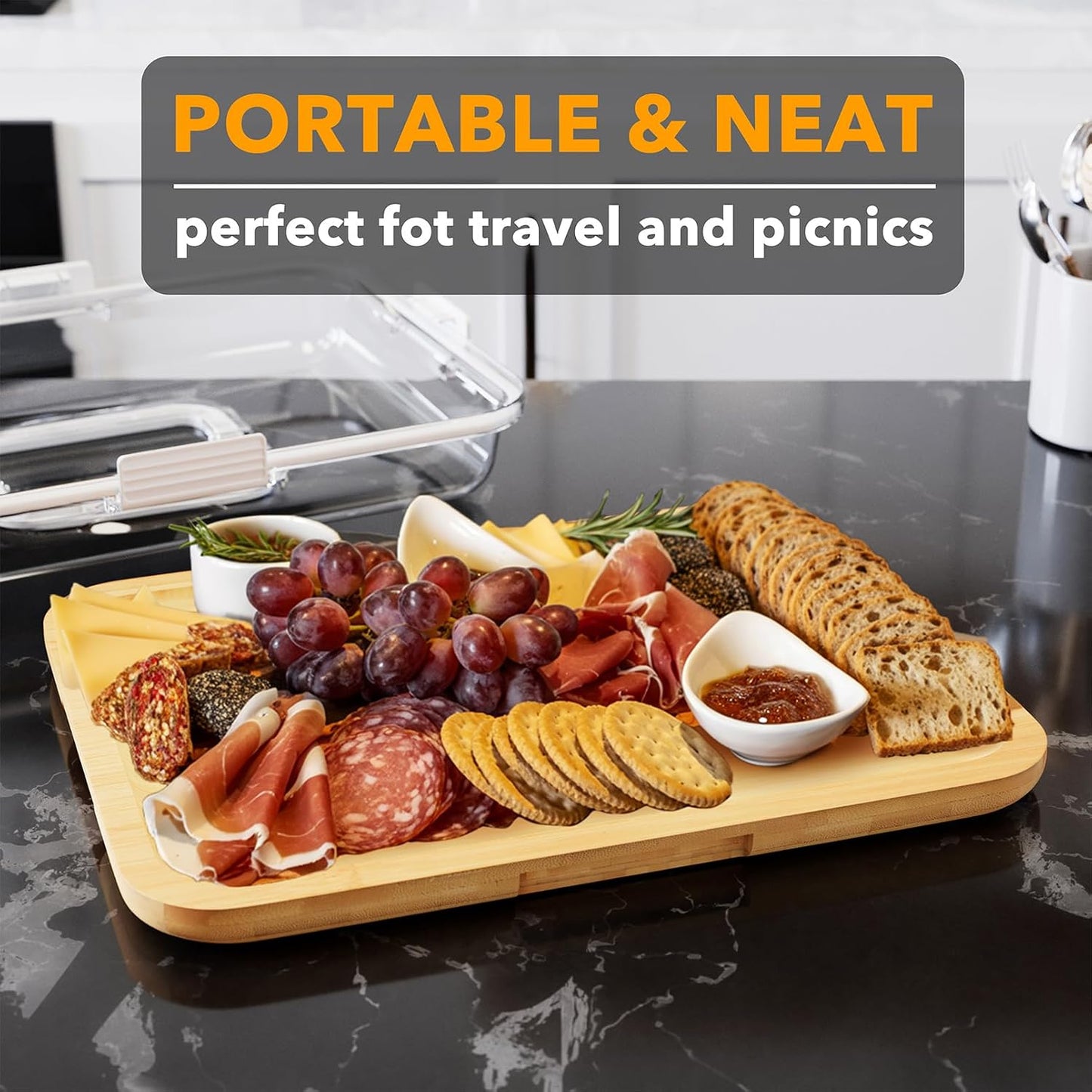 SpaceAid Charcuterie Board with Clear Lid, Portable Travel Cheese Cutting Boards for Picnic Accessories, Bamboo Serving Tray with Lids, House Warming Gifts, Black Handles, 8 Compartments