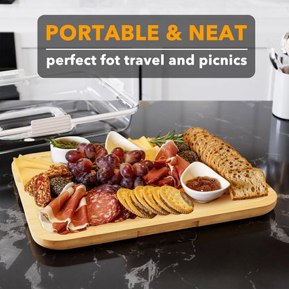 SpaceAid Charcuterie Board with Clear Lid, Portable Travel Cheese Cutting Boards for Picnic Accessories, Bamboo Serving Tray with Lids, House Warming Gifts, Black Handles, 8 Compartments