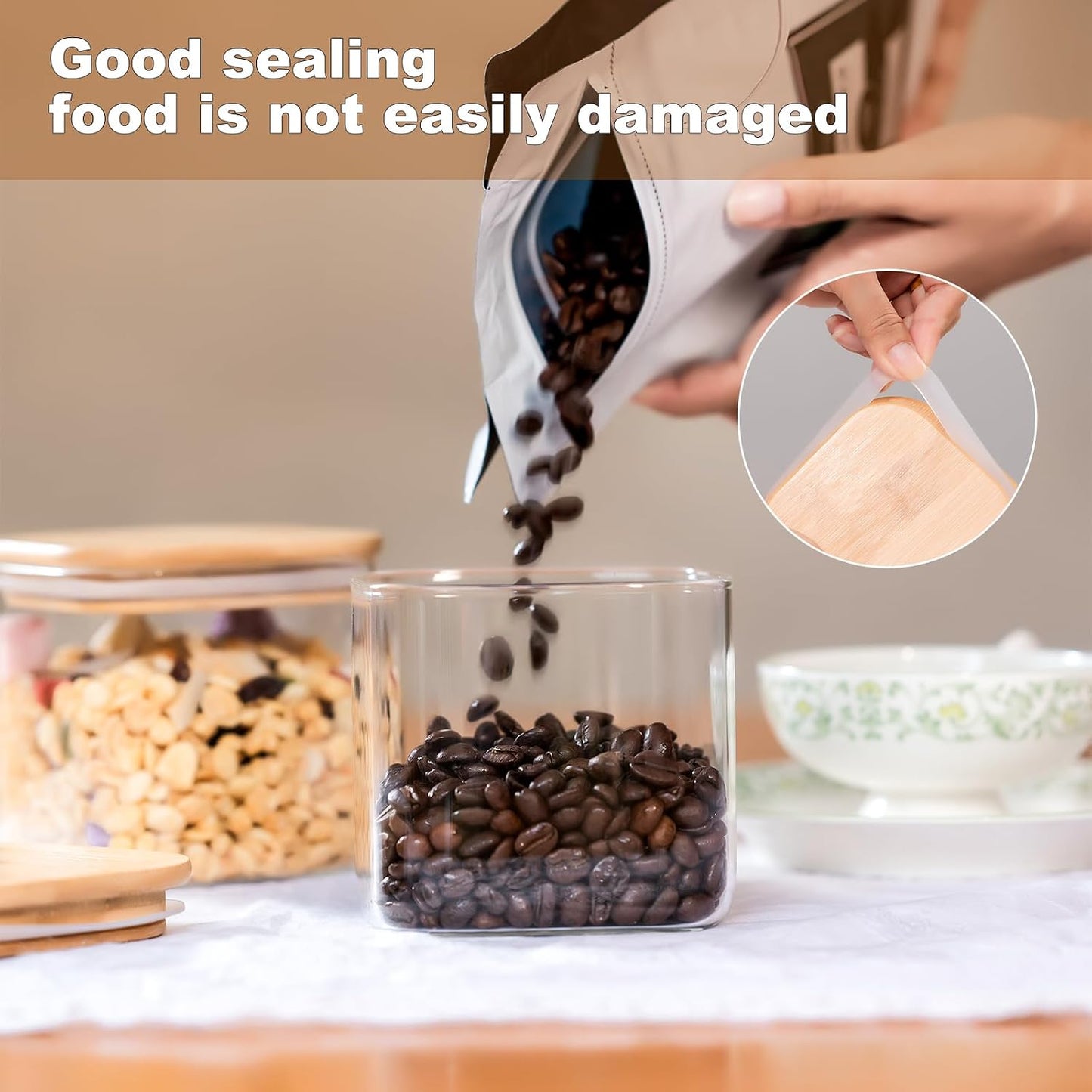 Glass Food Storage Jars 37 oz Set of 6,Glass Storage Containers Clear Glass Food Canister with Bamboo Lid Airtight For Serving Tea, Coffee, Flour, Sugar, Candy, Cookie, Spice and More (Square)