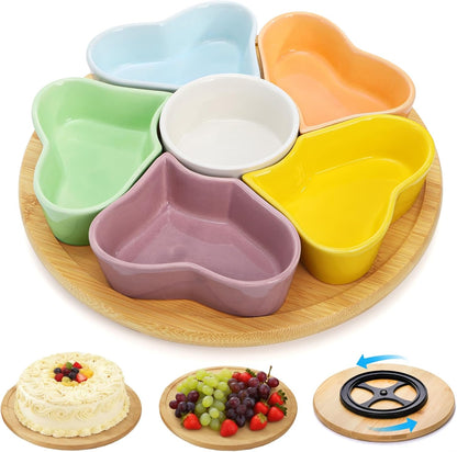 Cididu 11'' Lazy Susan Serving Tray, Ceramic 360° Rotating Serving Tray Platters, Removable Divided Appetizer Relish Dish, Heart Shape Snack Bowl Set for Party Kitchen Fruit Veggies Cheese, 7 Pieces